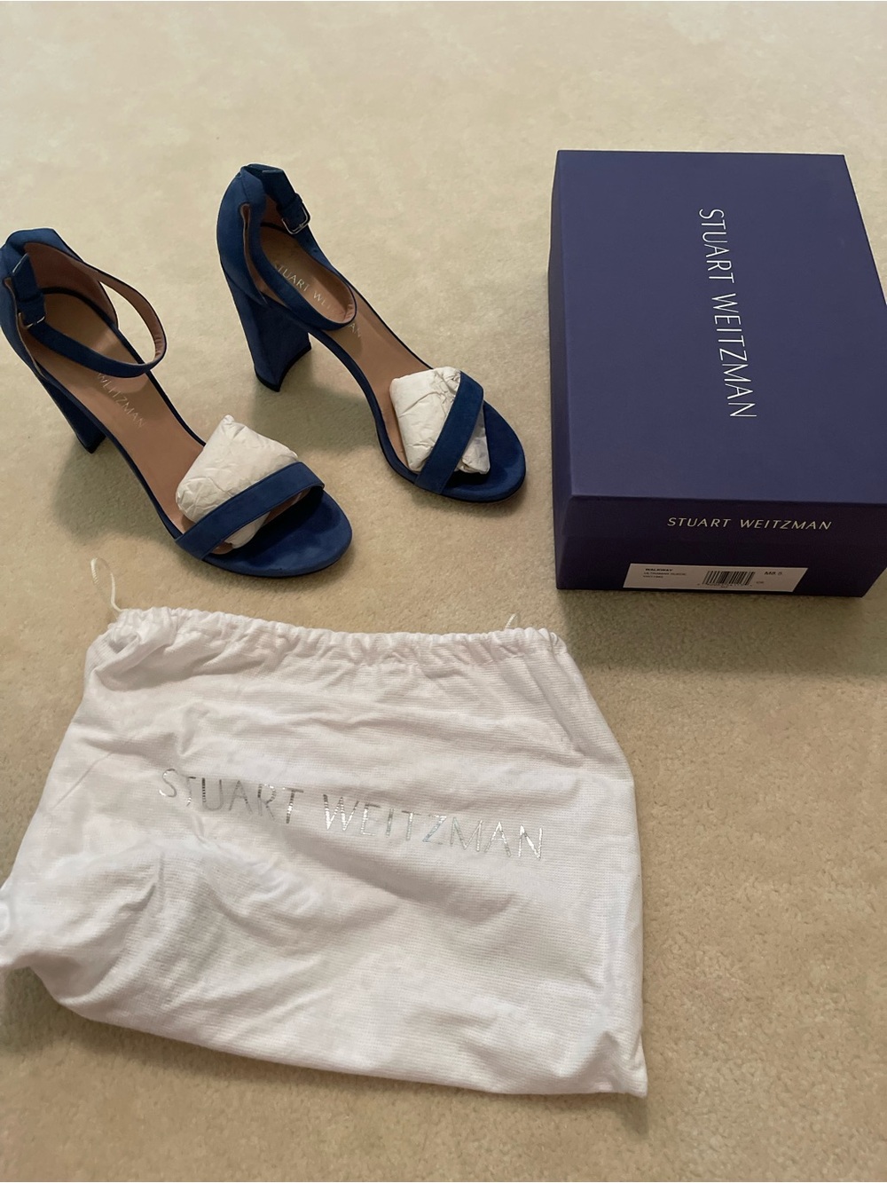 Stuart Weitzman Blue Suede Ankle Strap Block Heels